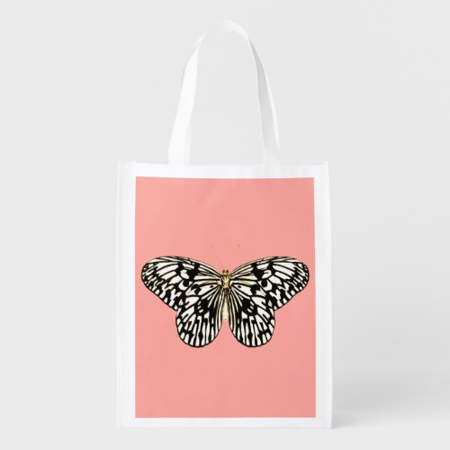 Black and white butterflycoral pink background reusable grocery bag