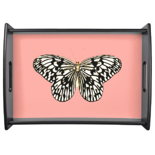 Black and white butterfly,coral pink background serving tray