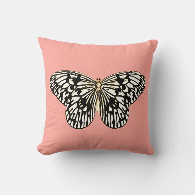 Black and white butterfly,coral pink background throw pillow (Front)