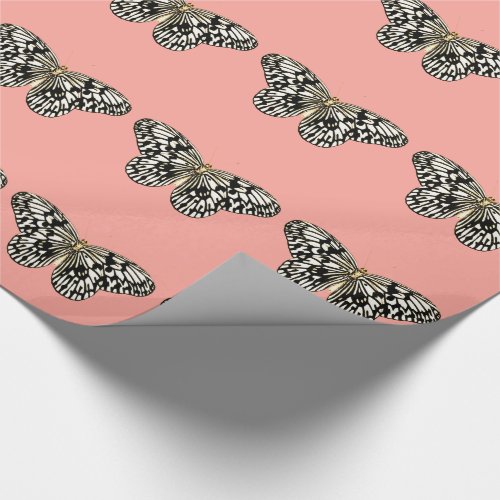 Black and white butterflycoral pink background wrapping paper