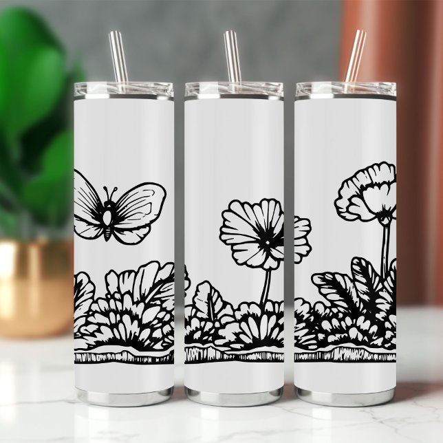 Black and White Butterfly Floral Travel Tumbler (Creator Uploaded)