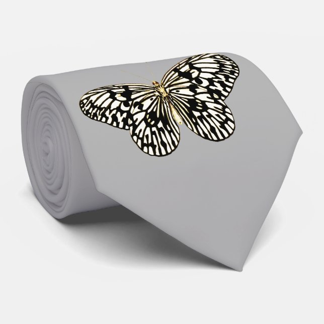 Black and white butterfly, grey / gray background neck tie (Rolled)