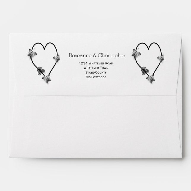 Black And White Butterfly Heart Design Wedding Envelope (Back (Top Flap))