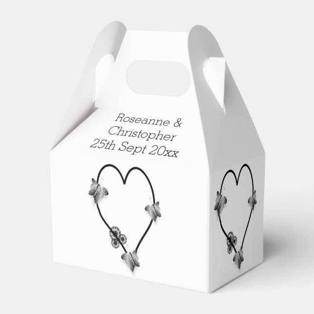 Black And White Butterfly Heart Design Wedding Favor Boxes (Front Side)