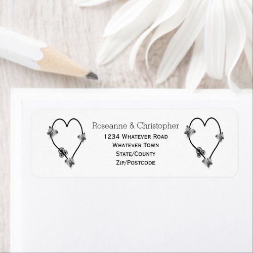 Black And White Butterfly Heart Design Wedding Label