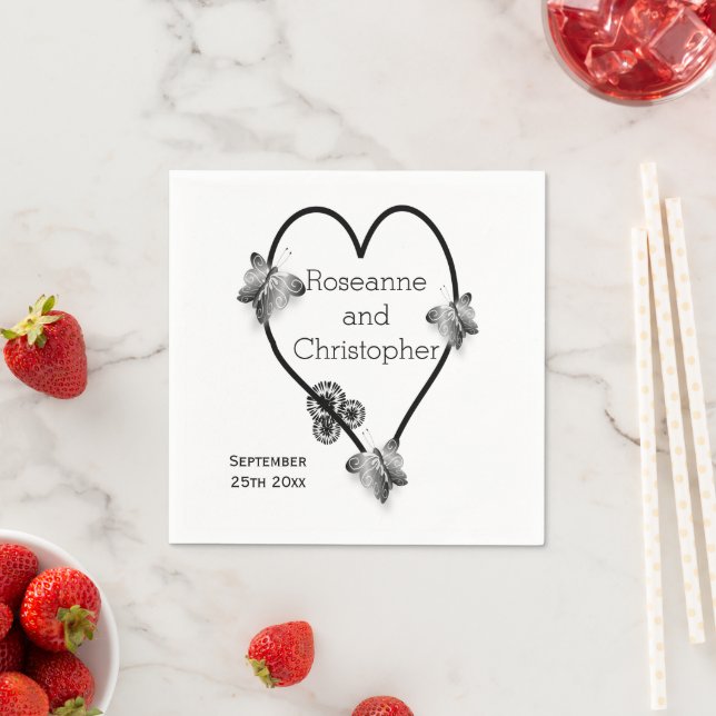 Black And White Butterfly Heart Design Wedding Napkins (Insitu)