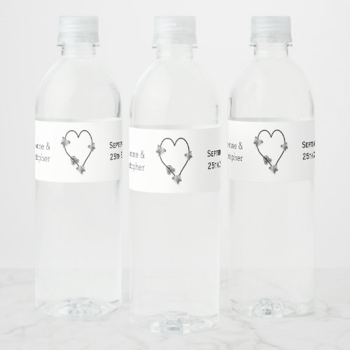 Black And White Butterfly Heart Design Wedding Water Bottle Label