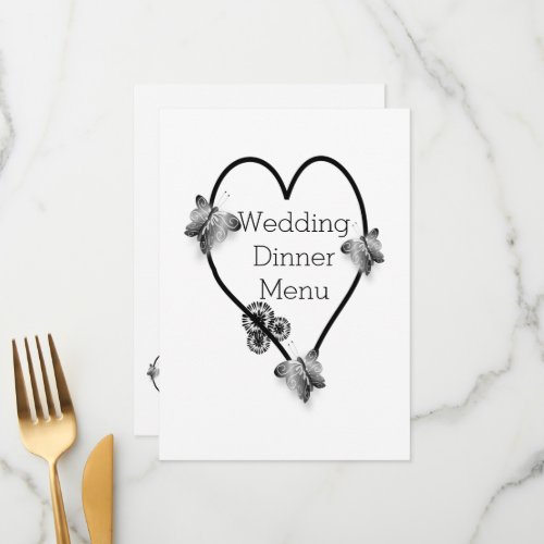 Black And White Butterfly Heart Wedding Dinner Menu