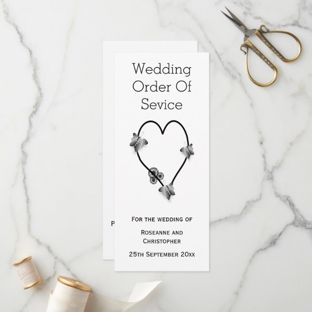 Black And White Butterfly Heart Wedding Program (Front/Back In Situ)