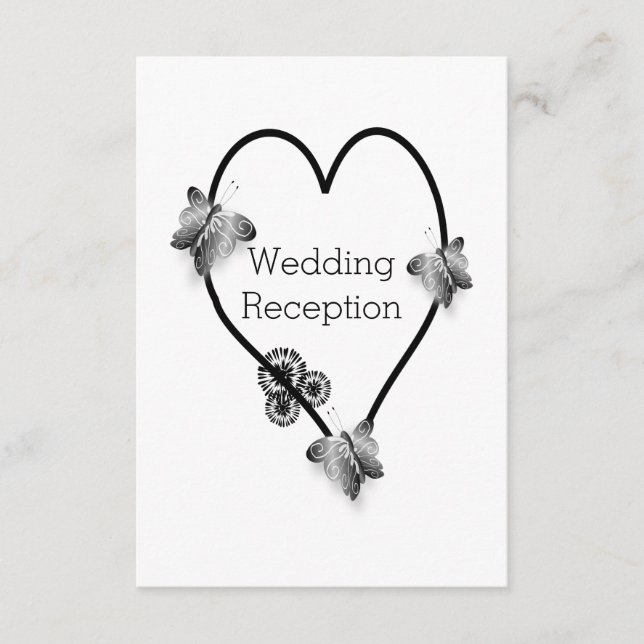 Black And White Butterfly Heart Wedding Reception Enclosure Card (Front)