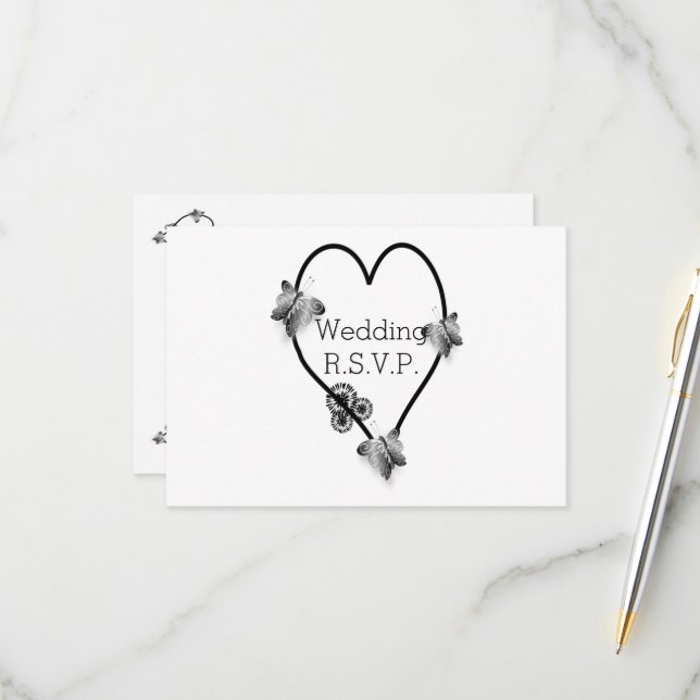 Black And White Butterfly Heart Wedding RSVP (Front/Back In Situ)