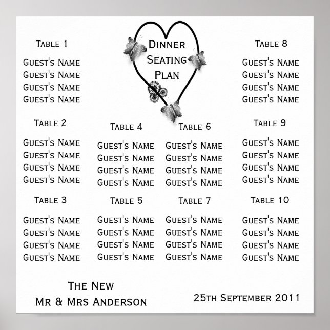 Black And White Butterfly Heart Wedding Seating Poster (Front)