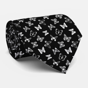 Black and White Butterfly illustration Black Neck Tie