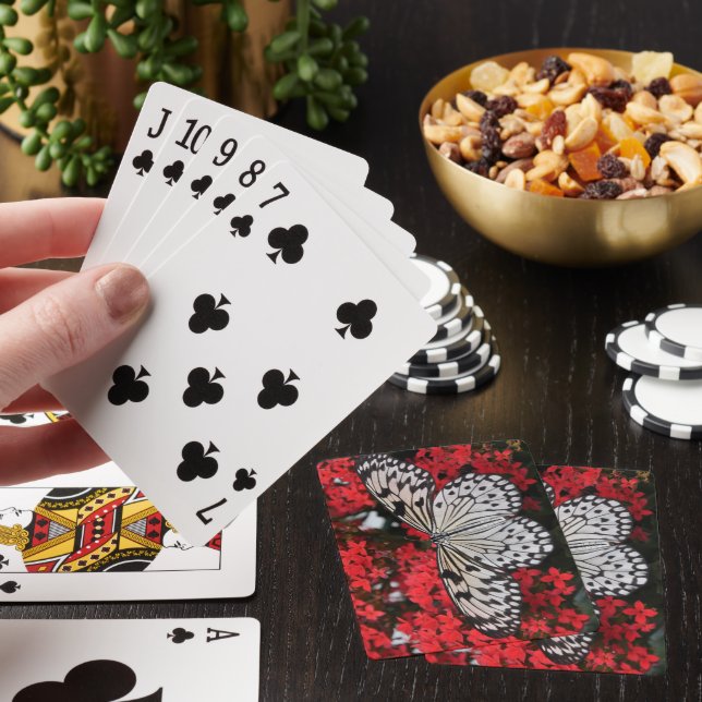 Black and White Butterfly in Red Flower Bush Poker Cards (In Situ)