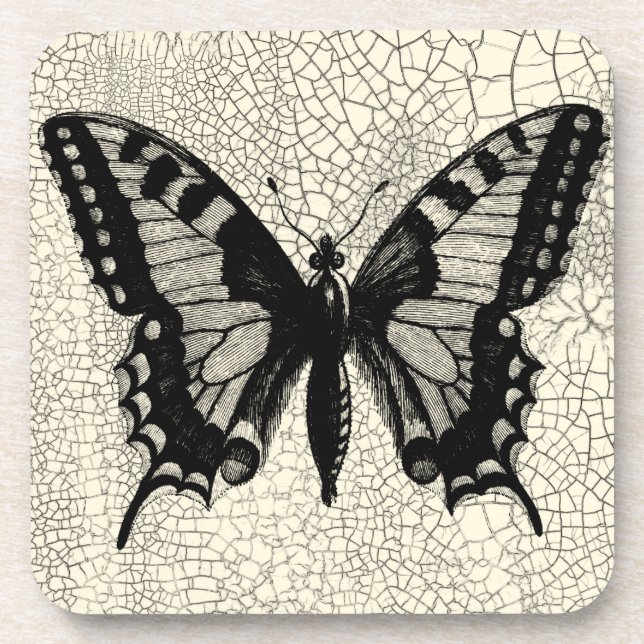 Black and White Butterfly on Cracked Background Beverage Coaster (Front)