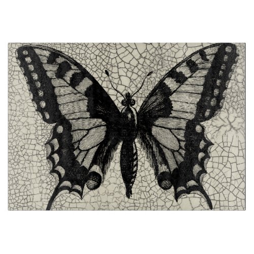 Black and White Butterfly on Cracked Background Cutting Board