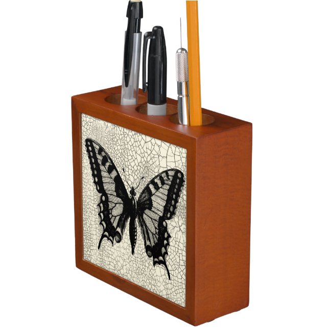 Black and White Butterfly on Cracked Background Desk Organizer (In Situ)