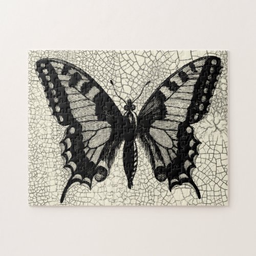 Black and White Butterfly on Cracked Background Jigsaw Puzzle