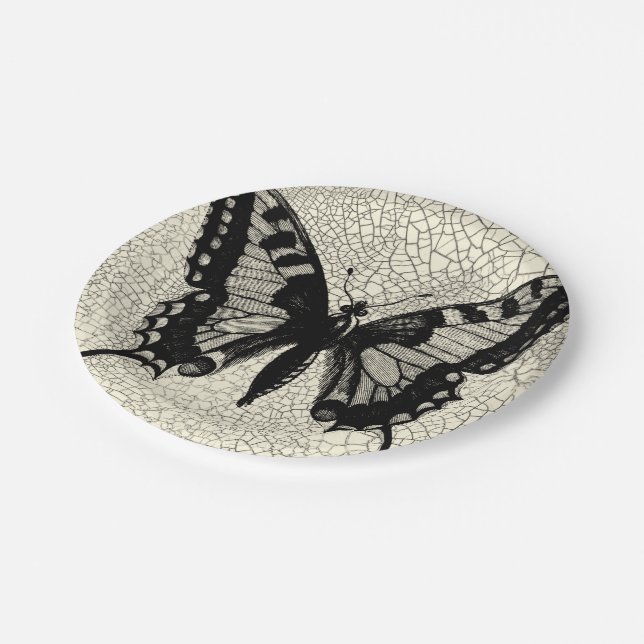 Black and White Butterfly on Cracked Background Paper Plates (Angled)