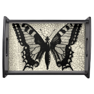 Black and White Butterfly on Cracked Background Serving Tray