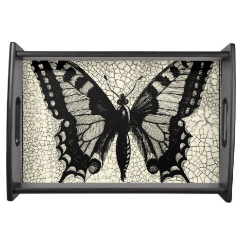 Black and White Butterfly on Cracked Background Serving Tray