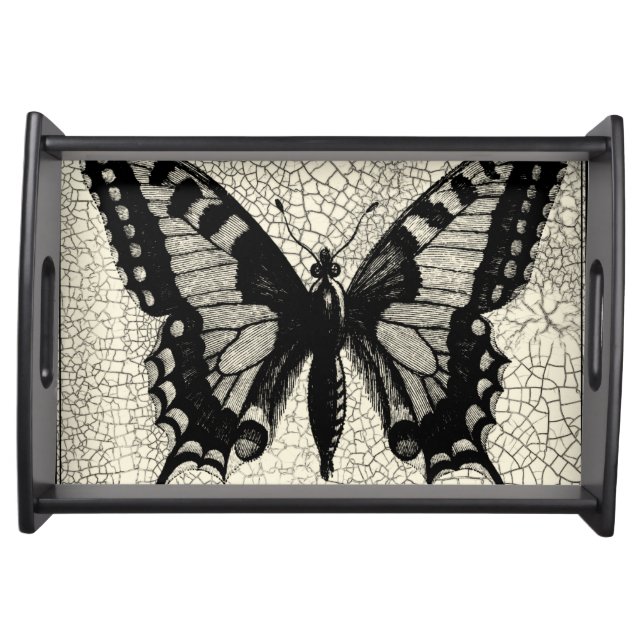 Black and White Butterfly on Cracked Background Serving Tray (Front)