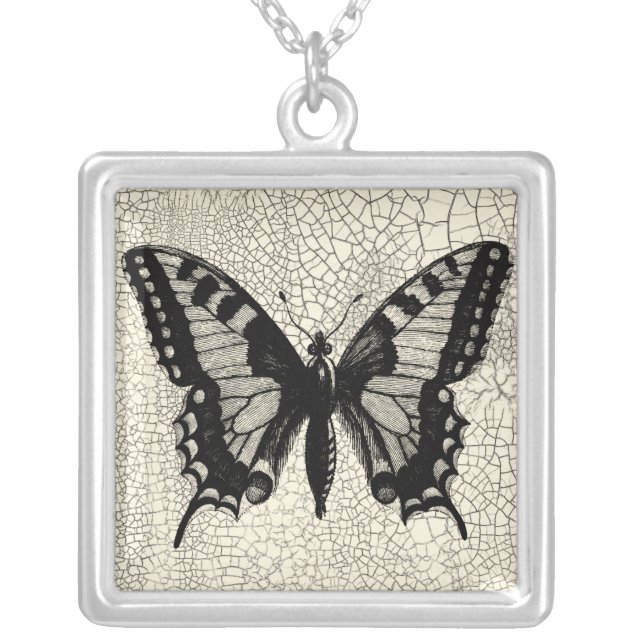 Black and White Butterfly on Cracked Background Silver Plated Necklace (Front)