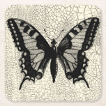 Black and White Butterfly on Cracked Background Square Paper Coaster