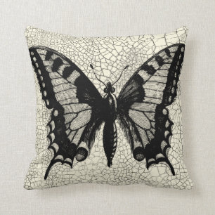 Black and White Butterfly on Cracked Background Throw Pillow