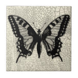 Black and White Butterfly on Cracked Background Tile
