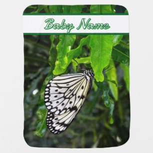 Black and White Butterfly on Green Custom Name Baby Blanket
