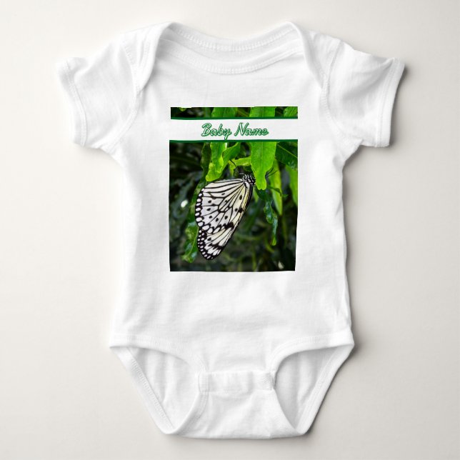 Black and White Butterfly on Green Custom Name Baby Bodysuit (Front)