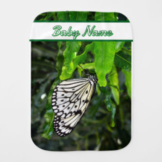 Black and White Butterfly on Green Custom Name Baby Burp Cloth