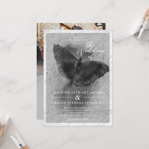 Black and White Butterfly Photo Overlay Wedding Invitation