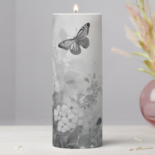 Black and White Butterfly Pillar Candle (In Situ)