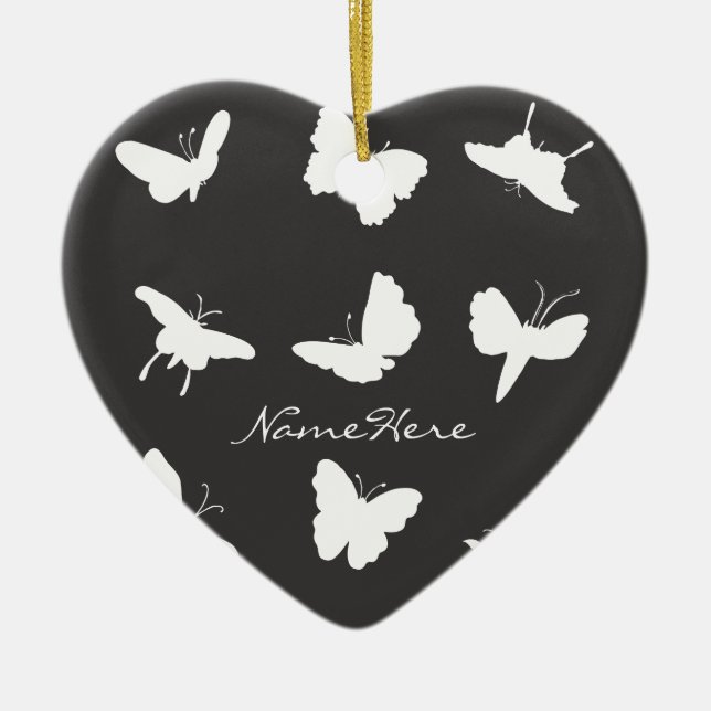 Black and White Butterfly Silhouettes Ceramic Ornament (Front)