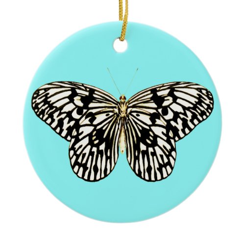 Black and white butterfly, turquoise background ceramic ornament