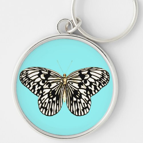 Black and white butterfly turquoise background keychain