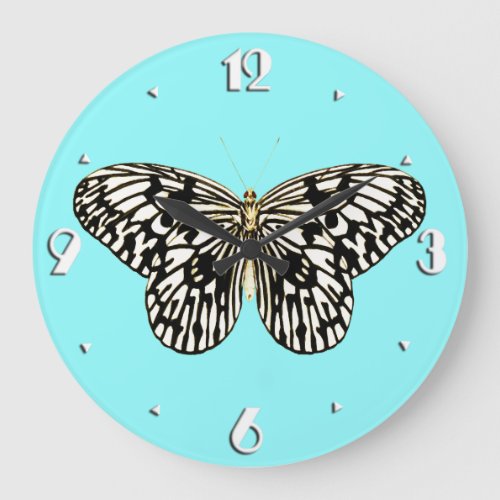 Black and white butterfly turquoise background large clock