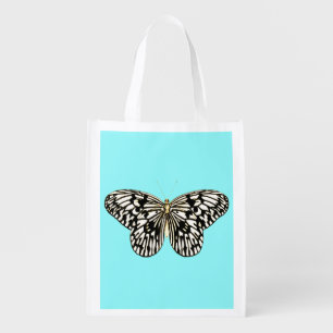 Black and white butterfly, turquoise background reusable grocery bag