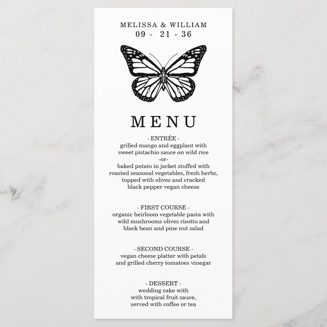 Black and White Butterfly Wedding Menu Zazzle