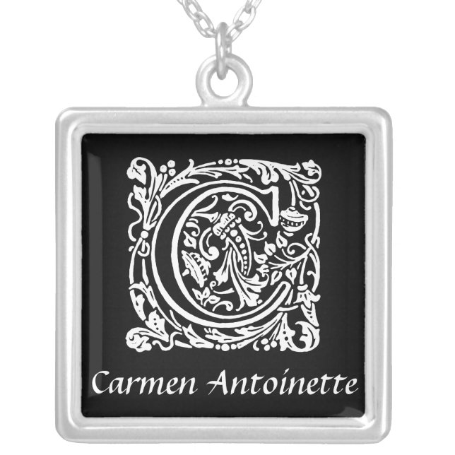 Black and White C Monogram Initial Personalized Silver Plated Necklace (Front)