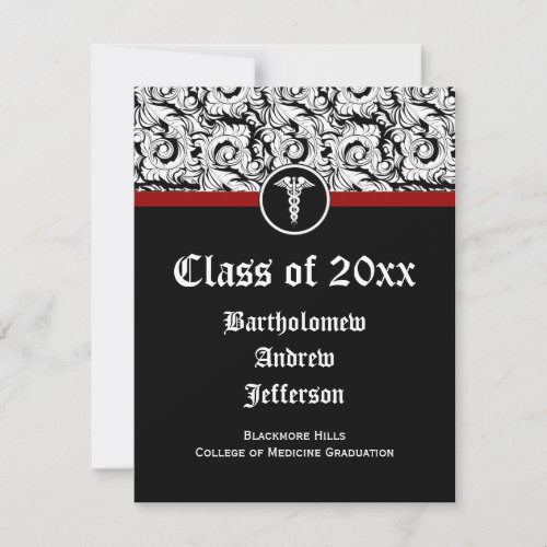 Black and White Caduceus Medical School Graduation Personalized Invitations