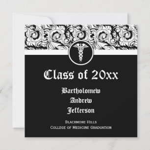 Black and White Caduceus Medical School Graduation Invitation