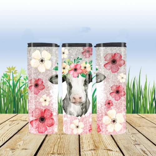 Black and White Calf with Flowers Thermal Tumbler