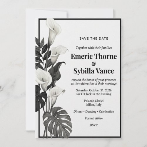 Black and White Calla Lilies, Monstera Leaves, Bol Invitation