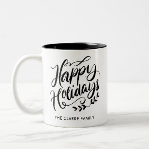 Black and White Calligraphic Happy Holidays Two-Tone Coffee Mug