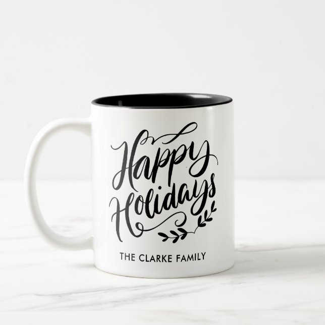 Black and White Calligraphic Happy Holidays Two-Tone Coffee Mug (Left)