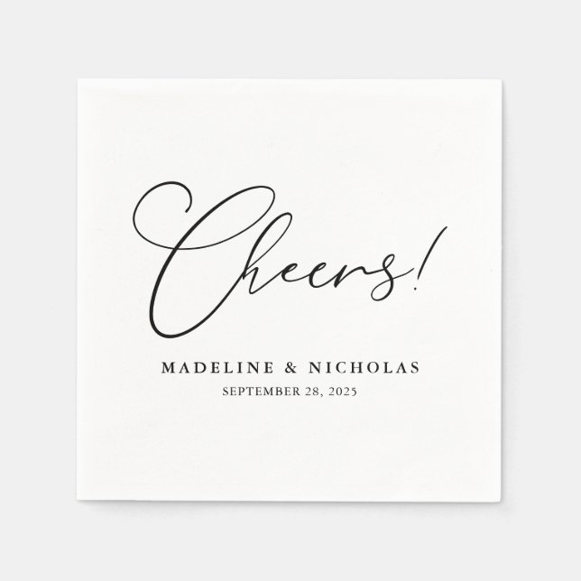 Black And White Calligraphy Cheers! Modern Wedding Napkins (Front)