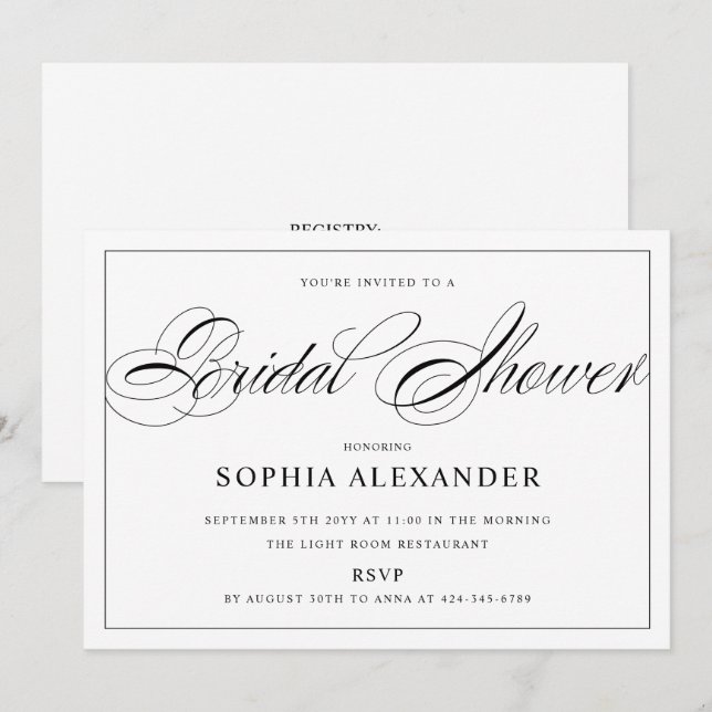 Black and White Calligraphy Elegant Bridal Shower Invitation (Front/Back)